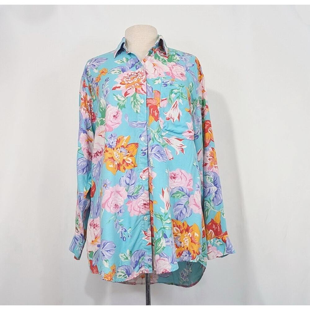 Vintage 90s Blouse Aqua Floral Print Shirt Top Rayon Women's Size M